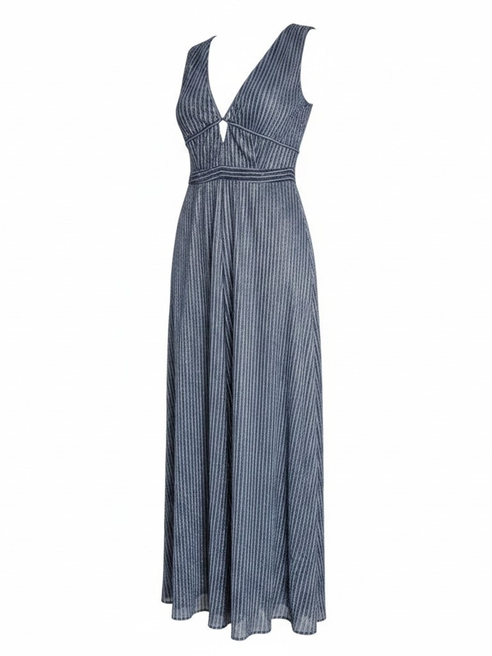 En Creme Navy And Silver Striped V-Neck Maxi Dress